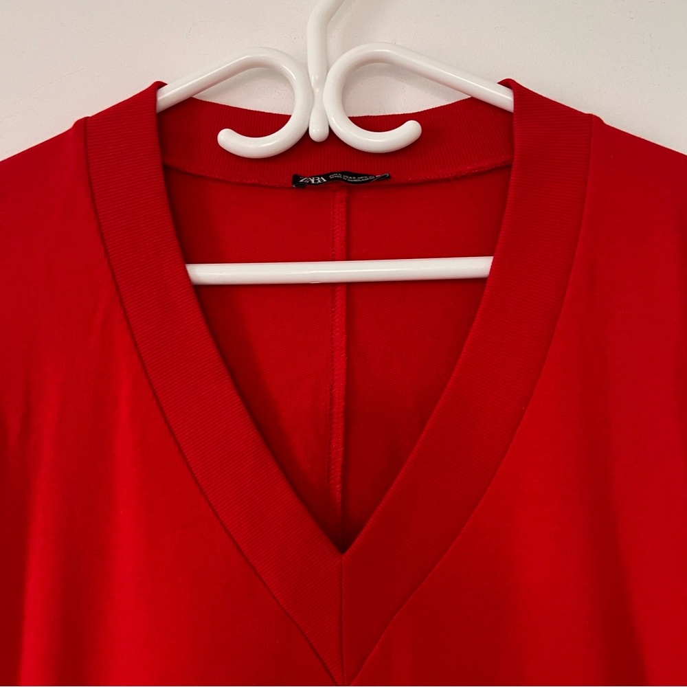 Zara Red Ribbed Knit Midi Dress Small Long Sleeve V-Neck Bodycon Minimalist - Picture 6 of 10